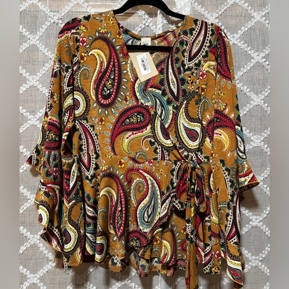Sew in love mustard and paisley faux wrap top with tie and flutter sleeves - Picture 3 of 8